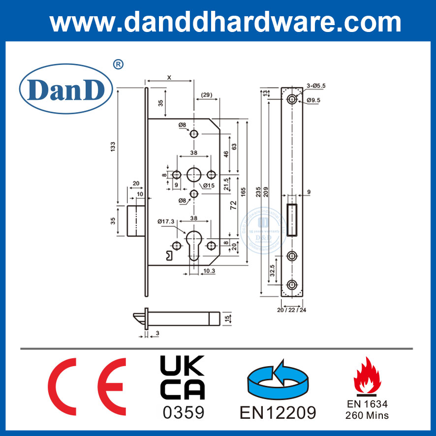CE Certificate EN12209 Fire Rated SS304 Mortise Deadbolt Lock for Fire Door-DDML013-6072