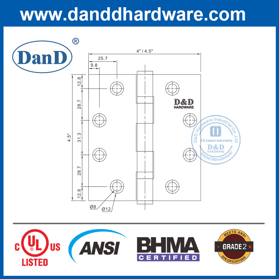 ANSI 4 Inch SS316 Square Corner Fire Resistant Hinge for Internal Door- DDSS001-ANSI-2-4.5x4x3.4