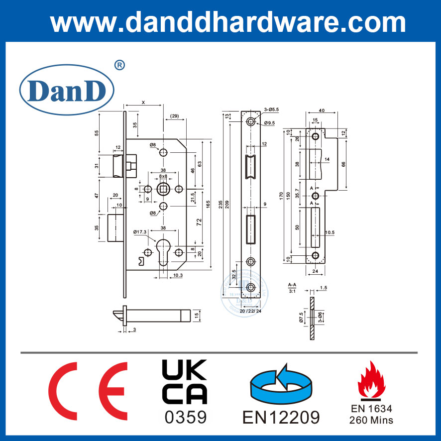 European Market CE Stainless Steel Fire Rated Front Door Security Lock for Door-DDML009-6072