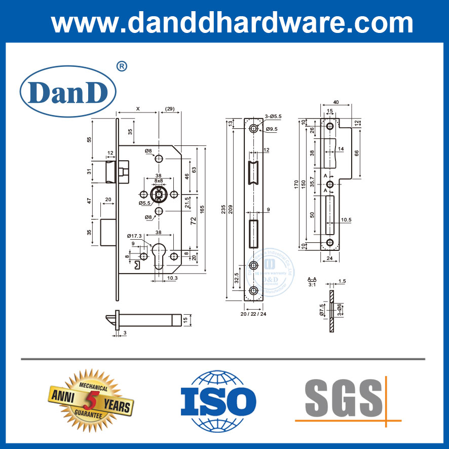Hot Sale High Quality 6072 Stainless Steel Emergency Mortise Door Lock Body-DDML009-E-6072