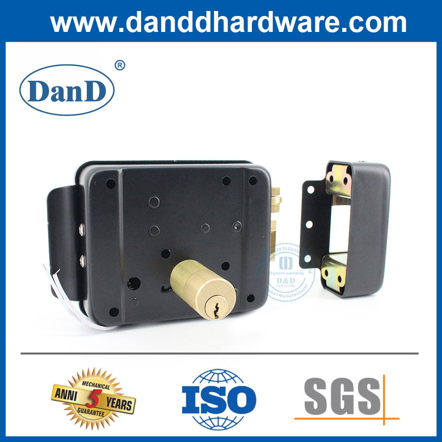 Security Door Brass Latch 3 Round Deadlock Black Electric Rim Lock Set-DDRL042