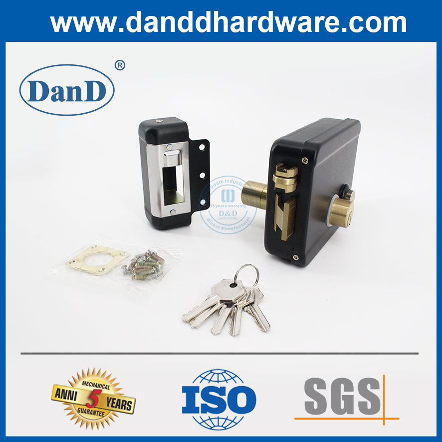 Security Door Brass Latch 3 Round Deadlock Black Electric Rim Lock Set-DDRL042