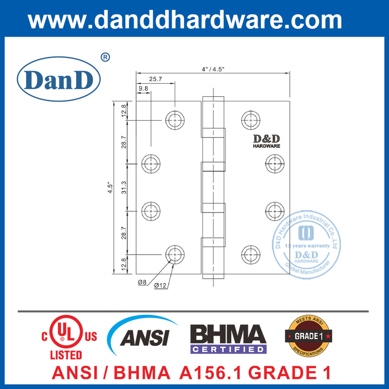SUS304 UL ANSI Grade 1 Silver Heavy Duty Exterior Door Hinges DDSS001