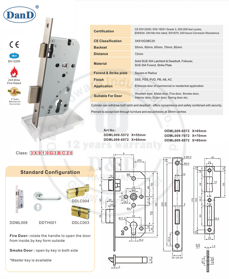 65mm 3 Lever Mortice Deadlock 2.5" SSS/BZP CE Marked Suitable For Fire Doors 