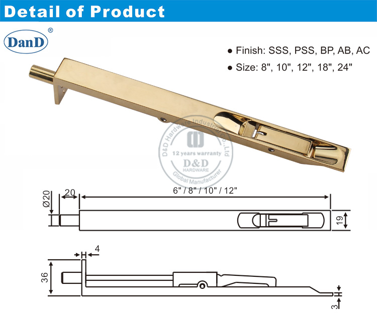 Polished Brass Door Bolt-D and D Hardware