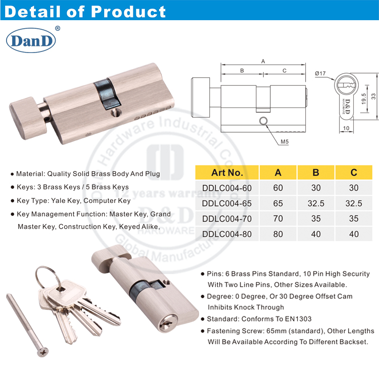 Assa Ruko 5 Pin Euro Thumb Turn Cylinder; Complete With 2 Keys; 71mm 