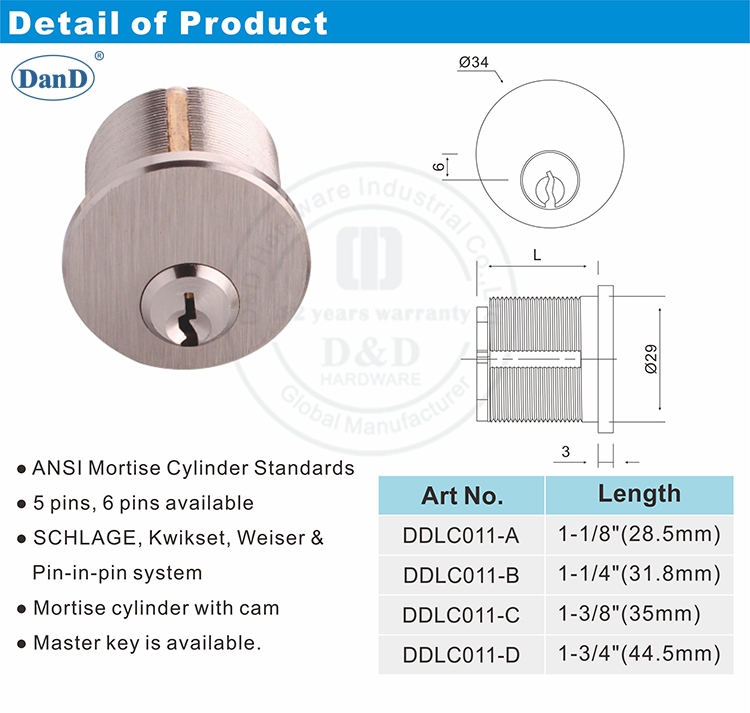 ANSI Mortise Cylinder Lock-D and D Harddware