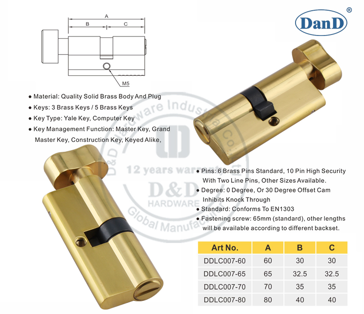 Polished Brass Commercial Door Lock Cylinder-D and D Hardware