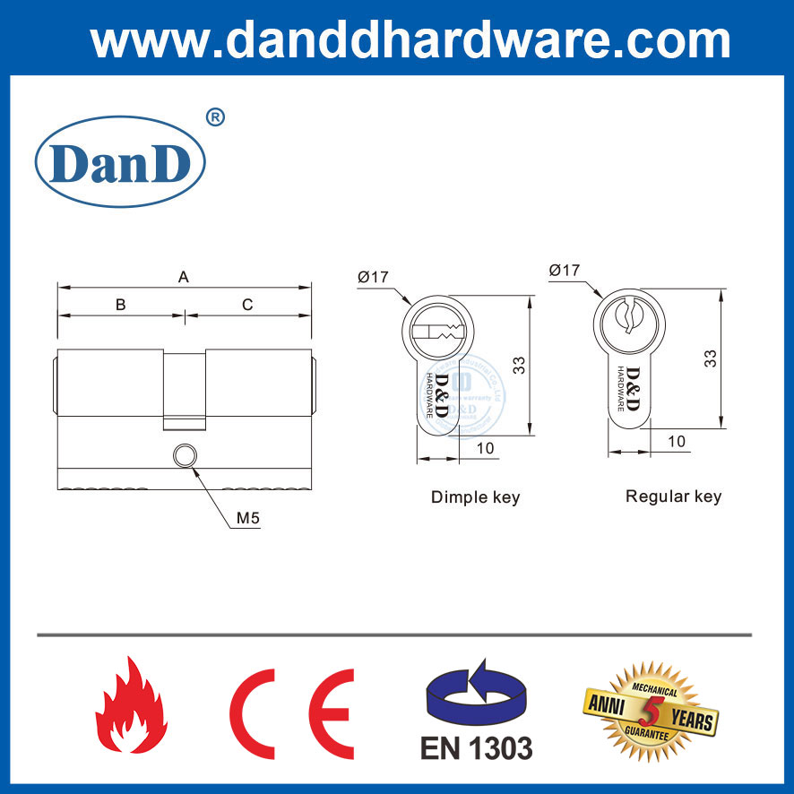 Pearl Nickle Finish EN1303 Door Lock Cylinder Manufacturer with Fire Rated for Hotel-DDLC003-70mm-PN