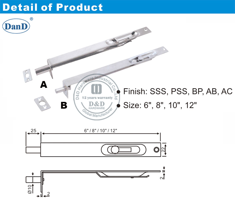 Stainless Steel Flush Wooden Door Bolt-D and D Hardware