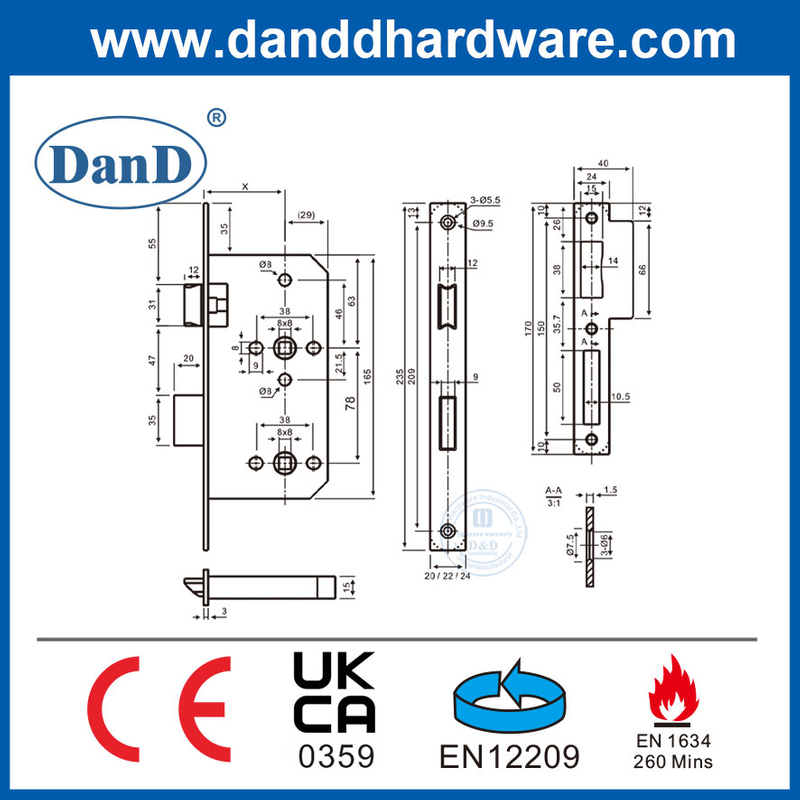 EN12209 Stainless Steel Euro Profile Mortise Lock for Bathroom Door
