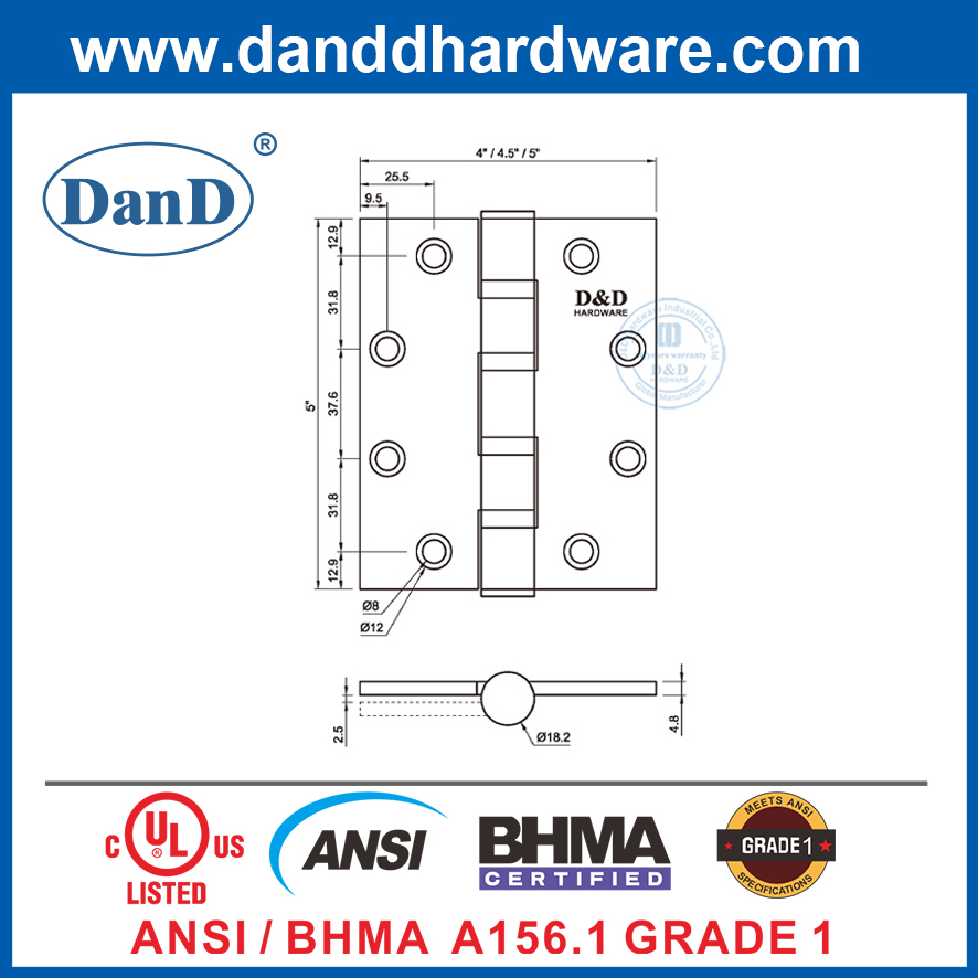 ANSI Grade 1 BHMA Heavy Duty 5 Inch Stainless Steel Door Hinges-DDSS001-ANSI-1-5X4.5X4.8