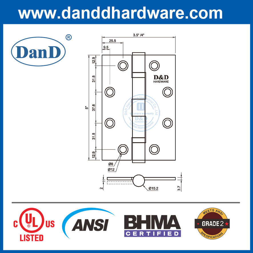 5 Inch Stainless Steel ANSI Grade 2 BHMA Exterior Door Hinges-DDSS001-ANSI-2