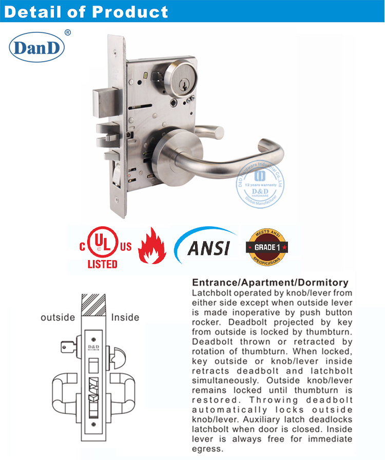 SUS304 ANSI Grade 1 Most Secure Door Lock for Entrance DoorDDAL20 Buy ANSI Door Lock, High
