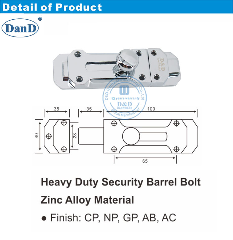 zinc alloy barrel bolt