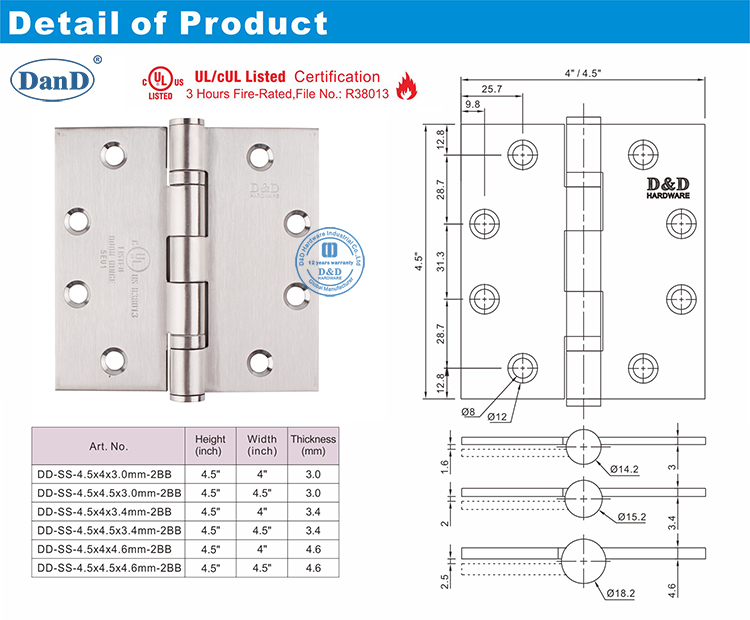 Stainless Steel UL Lisied Door Hinge-D and D Hardware