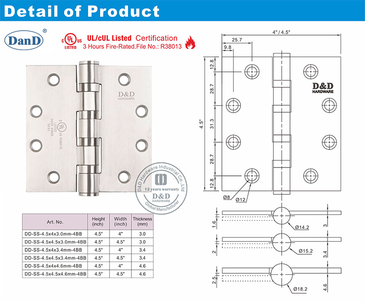 UL Wooden Door Hinge DDSS004-FR-D and D Hardware