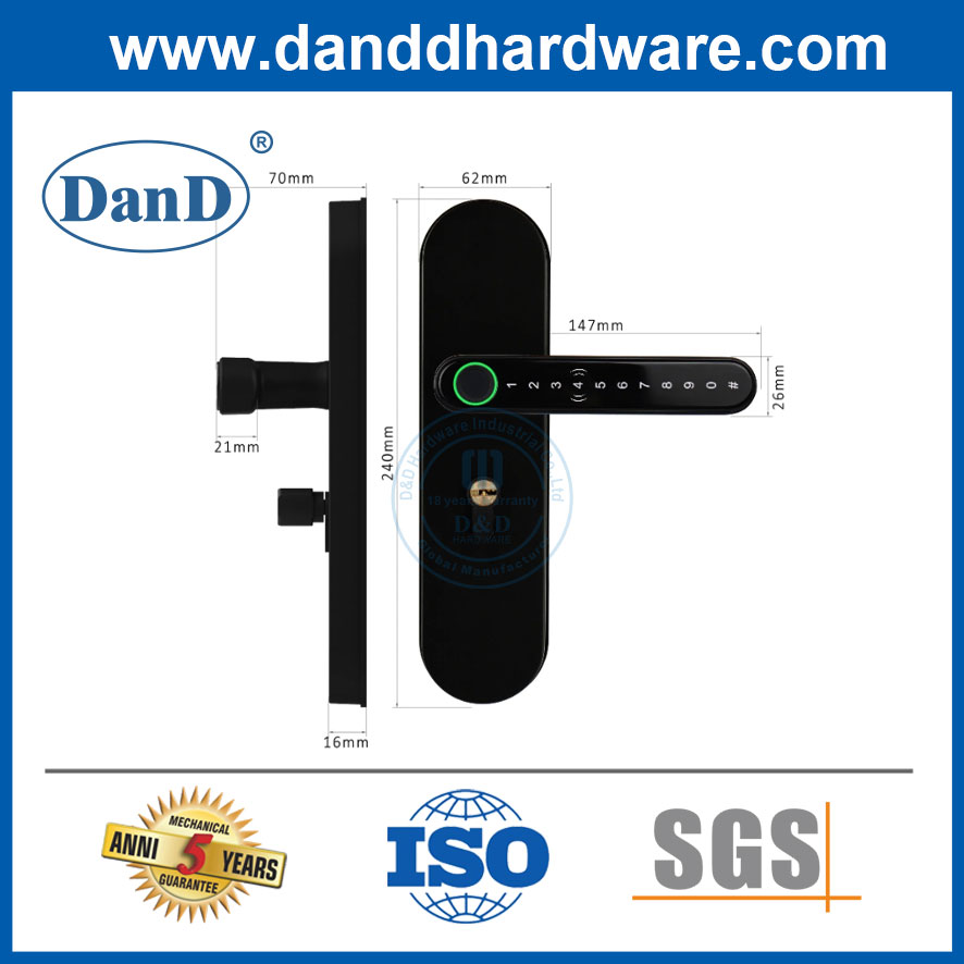 Security Fingerprint Password Black Lever Handle Keyless Bedroom Smart Door Lock-DDFL102