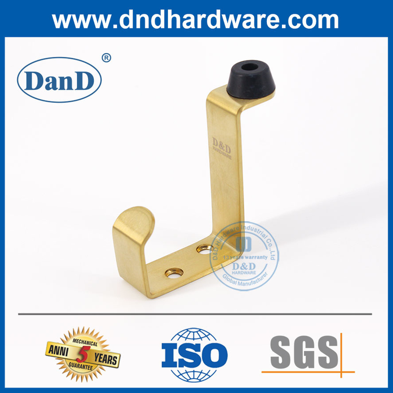 Satin Brass Stainless Steel Golden Door Stopper with Coat Hook on Wall-DDDS024