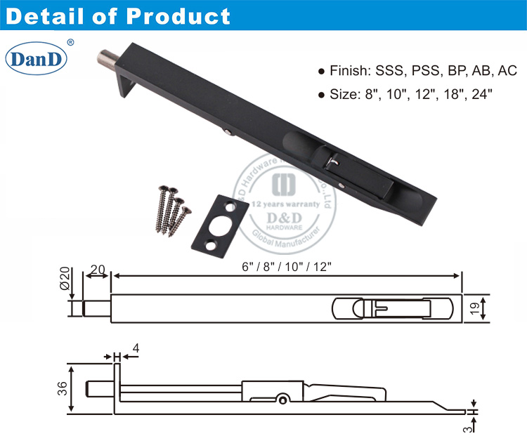 Black SS Flush Door Bolt-D and D Hardware
