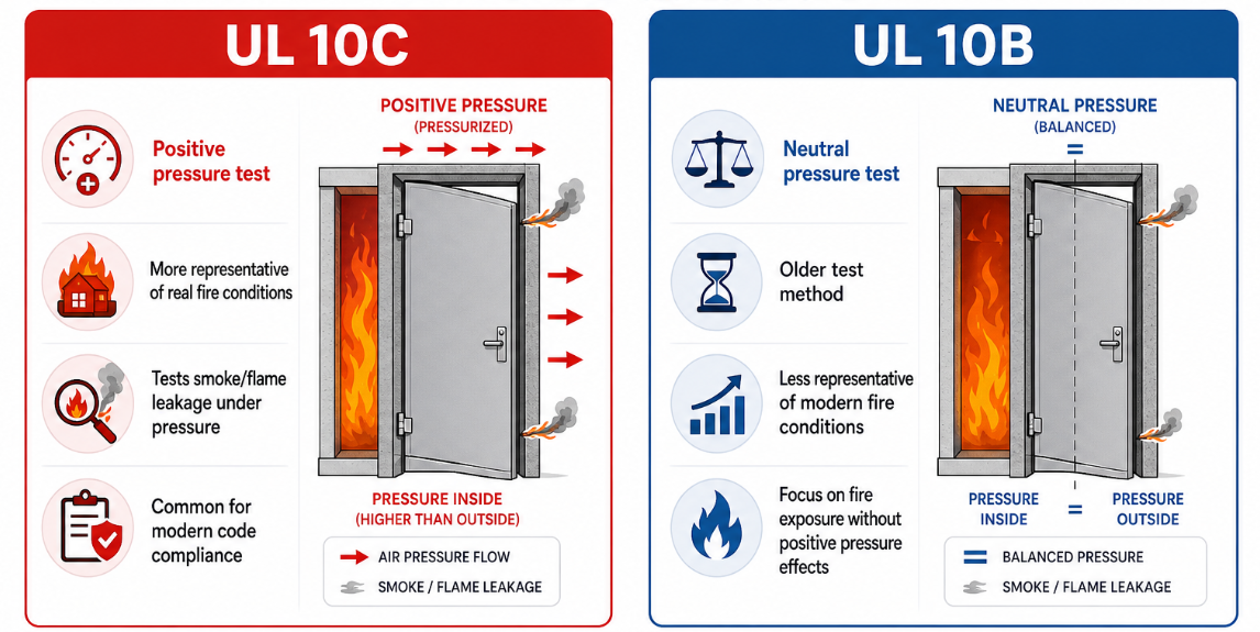 How do the UL 10C and UL 10B fire test standards differ?