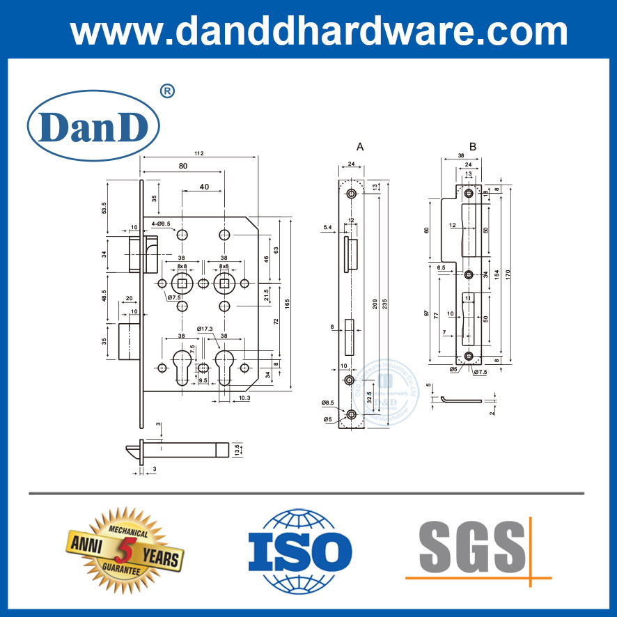 European Security Solid Stainless Steel Mortise X-Ray Lock-DDML027