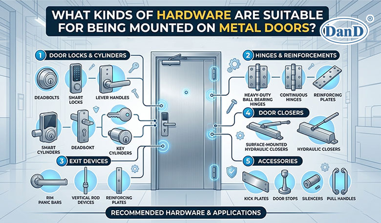 What kinds of hardware are suitable for being mounted on metal doors?