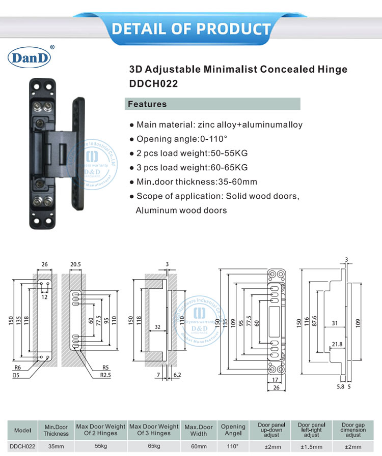 3D Adjustable Minimalist Concealed Hinge