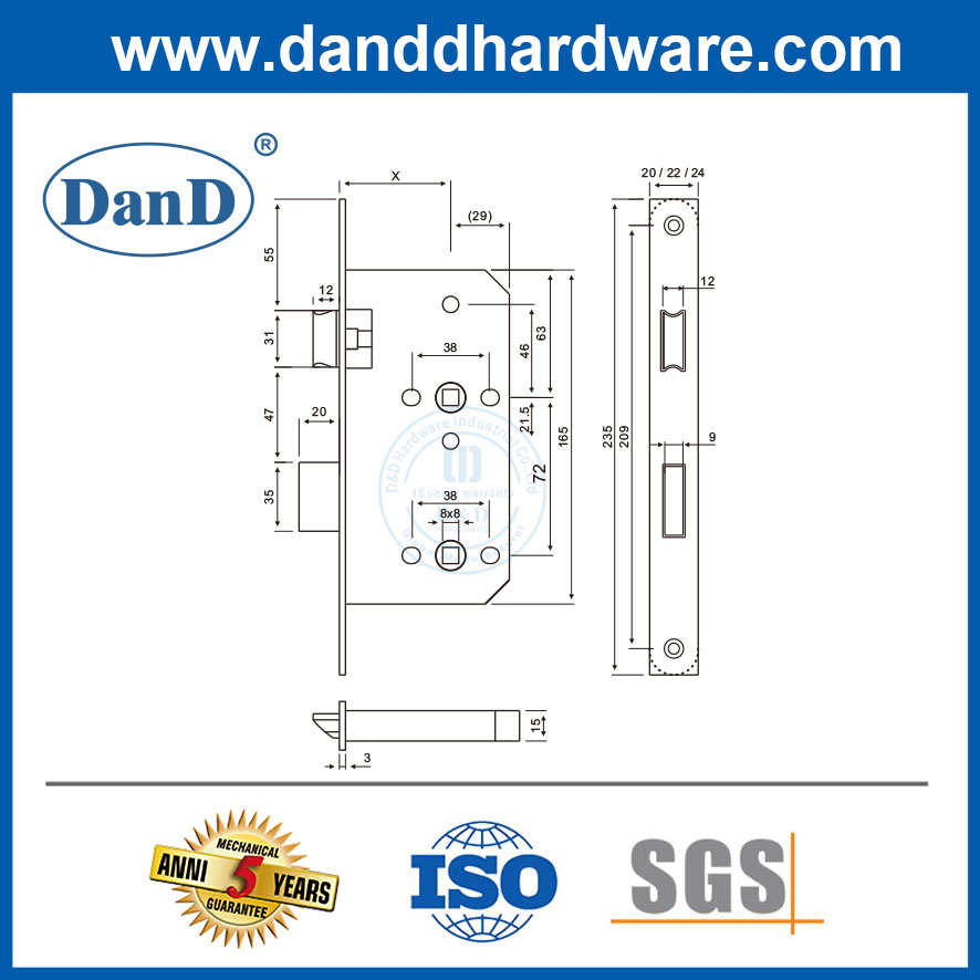 Stainless Steel Euro Profile Mortise Lock for Bathroom Door-DDML050