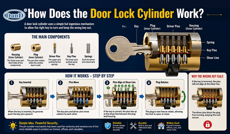 How does the door lock cylinder work?