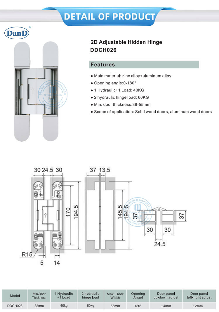 2D Adjustable Invisible Hinge for Wood Door